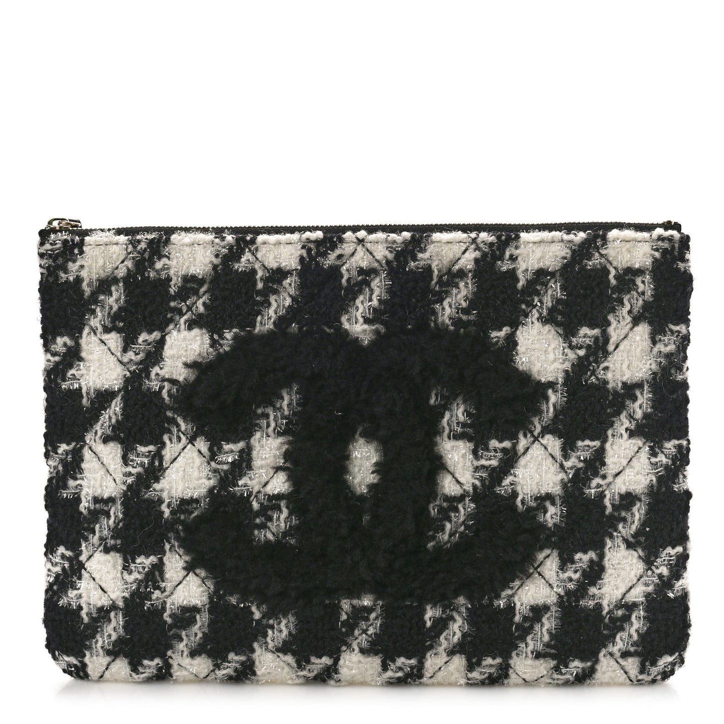Tweed Shearling Quilted Chanel Cosmetic Pouch White Black