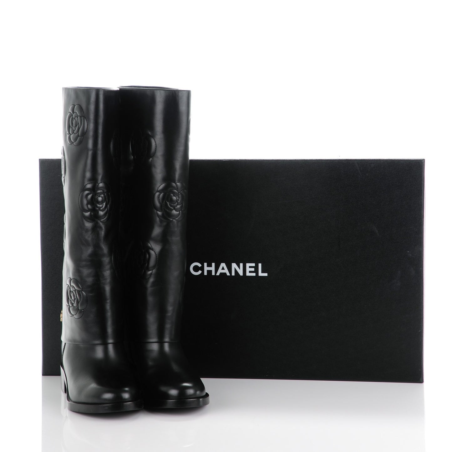 Calfskin Camellia High Boots 41.5 Black