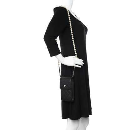 Chanel Lambskin Quilted Pearl Phone Holder With Chain Black 2 of 11