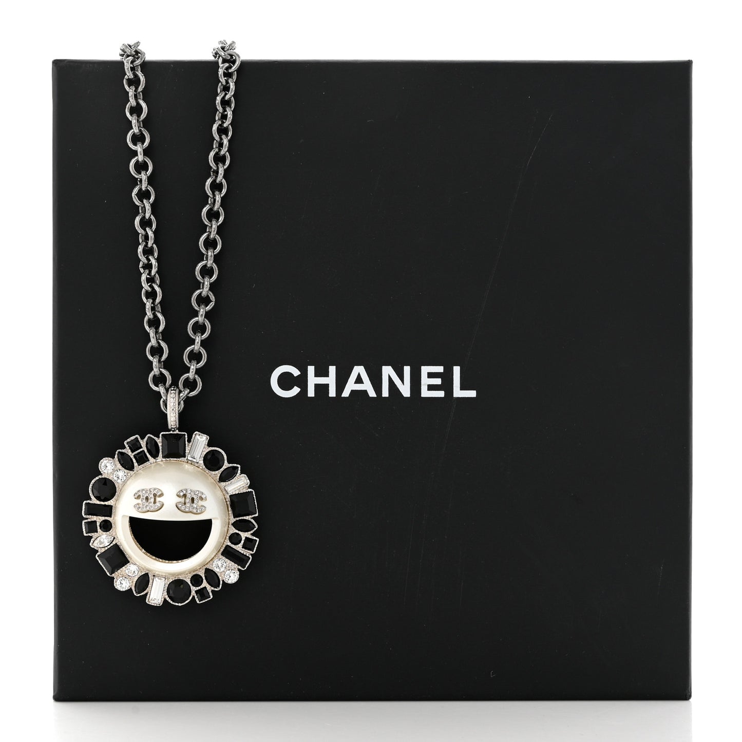 Crystal CC Smiley Emoji Pendant Necklace Silver Black