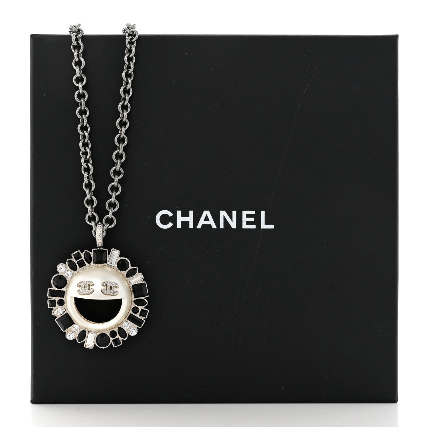 Chanel Crystal CC Smiley Emoji Pendant Necklace Silver Black 6 of 6
