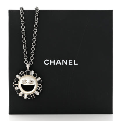 Chanel Crystal CC Smiley Emoji Pendant Necklace Silver Black 6 of 6