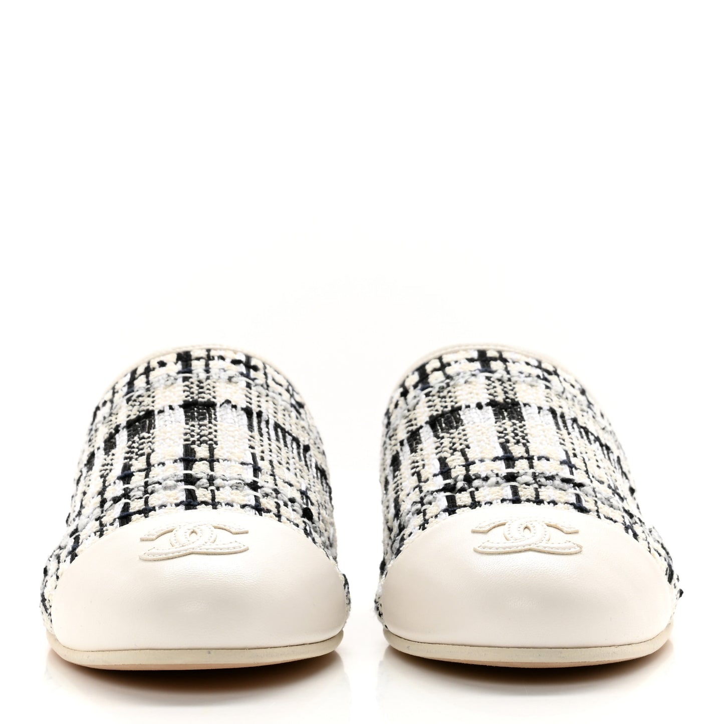 Tweed Lambskin CC Flat Mules 37 White Black