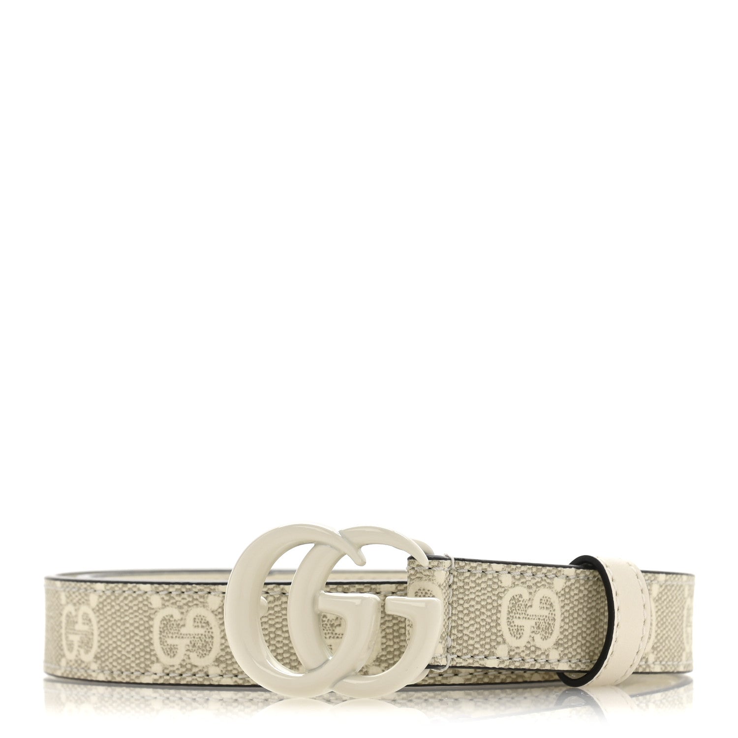Gucci GG Supreme Monogram Plutone Calfskin Enamel Double G 20mm Belt 80 32 Beige Ebony Mystic White 1 of 5
