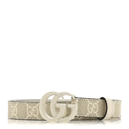Gucci GG Supreme Monogram Plutone Calfskin Enamel Double G 20mm Belt 80 32 Beige Ebony Mystic White 1 of 5