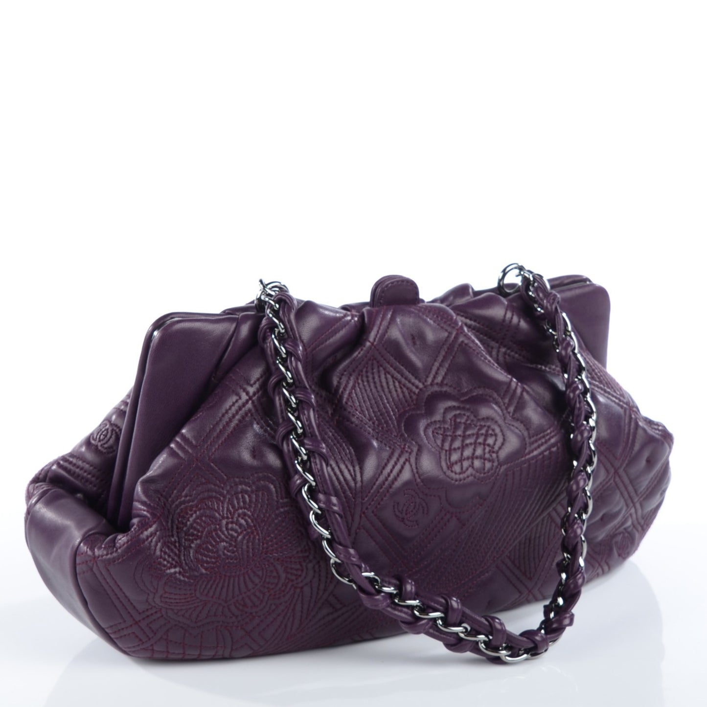 Lambskin Embroidered Frame Bag Violet Fonce