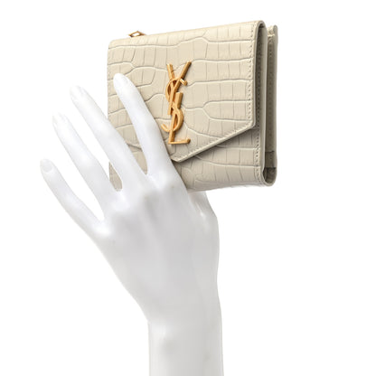 Saint Laurent Shiny Calfskin Crocodile Embossed Monogram Uptown Compact Wallet White Vintage 2 of 8