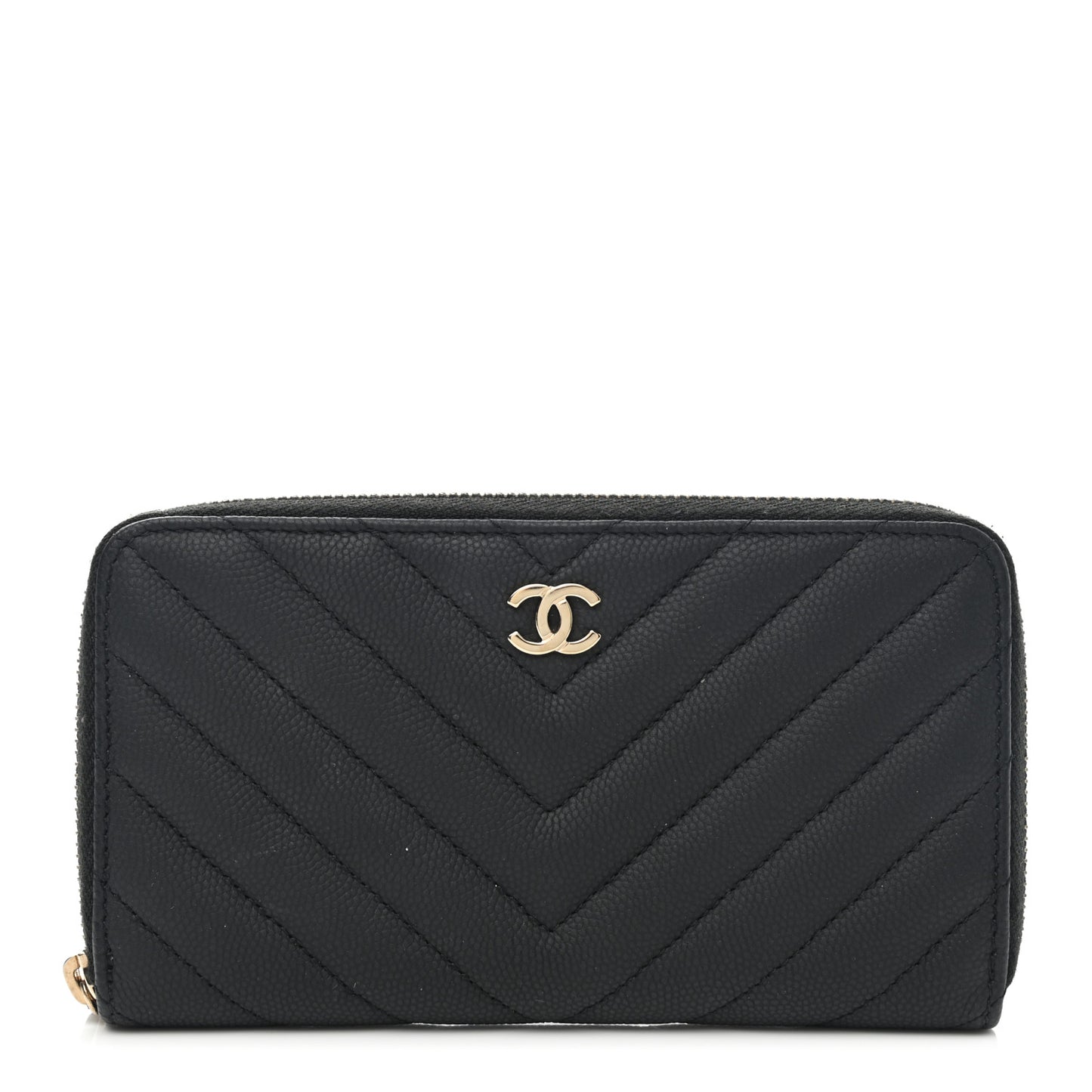Caviar Chevron Quilted Small Zip Around Wallet Black