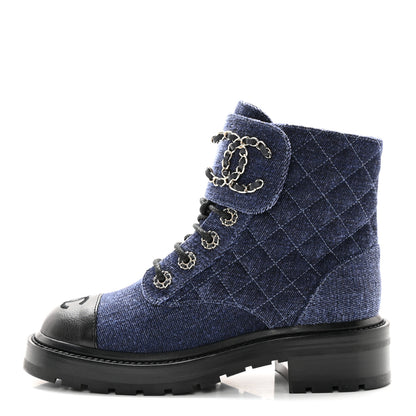 Chanel Denim Calfskin Quilted Lace Up Combat Boots 35.5 Blue 1 of 10