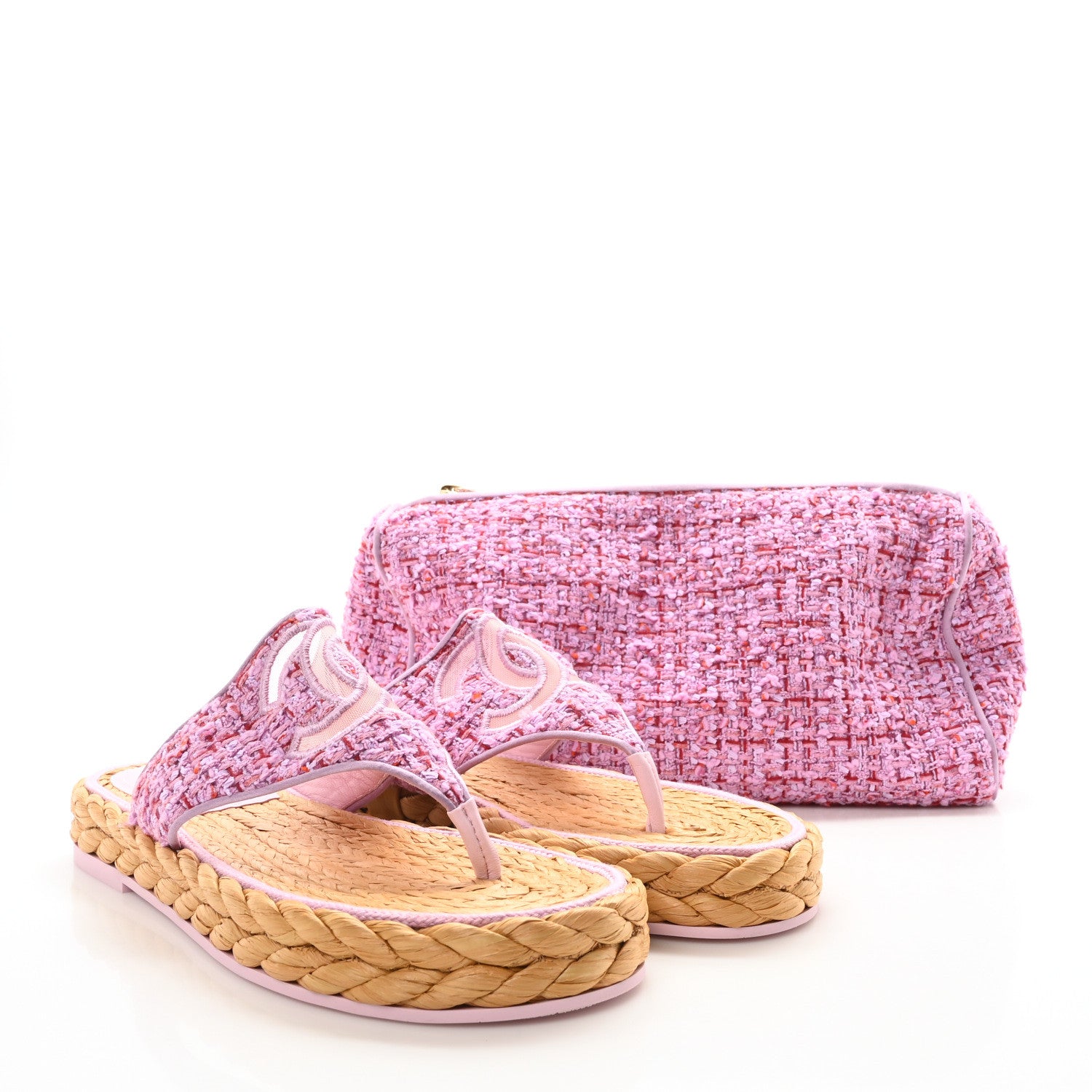 Chanel Tweed Mesh Satin CC Thong Sandals 38.5 Light Purple Pink Red 9 of 9