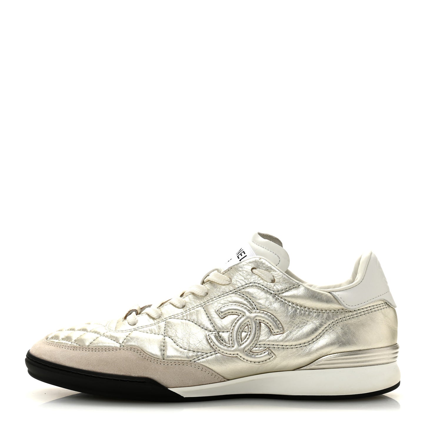 Laminated Calfskin Suede Quilted Womens CC Sneakers 39 Silver White Gray