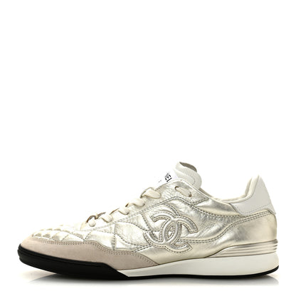 Chanel Laminated Calfskin Suede Quilted Womens CC Sneakers 39 Silver White Gray 1 of 10