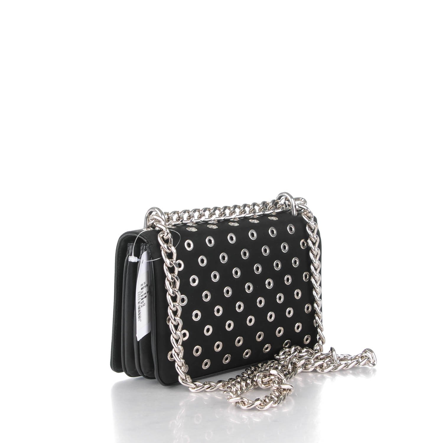Prada Tessuto Nylon Soft Calf Grommet Chain Shoulder Bag Nero Black 3 of 7