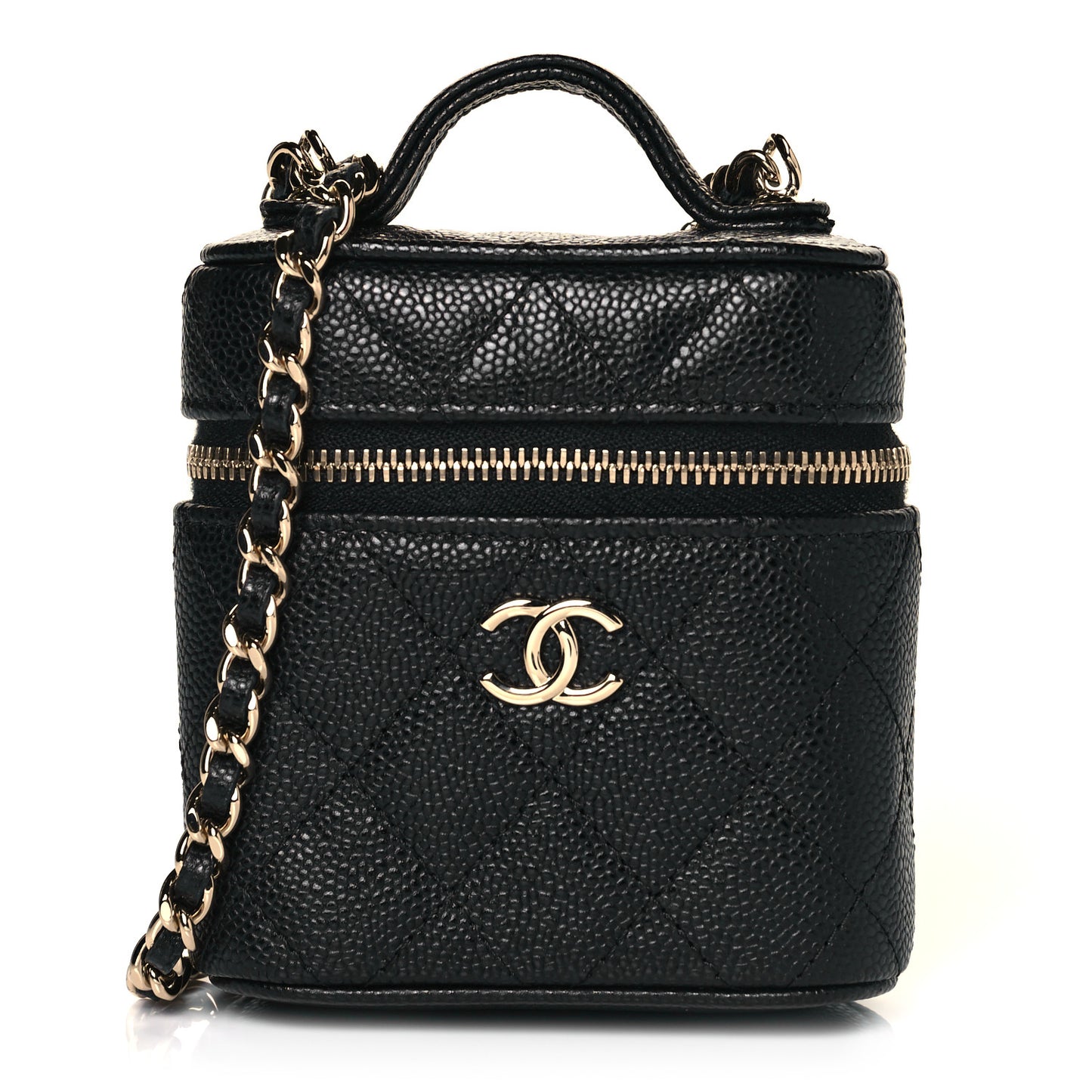 Caviar Quilted Small Handle With Care Vanity Case With Chain Black