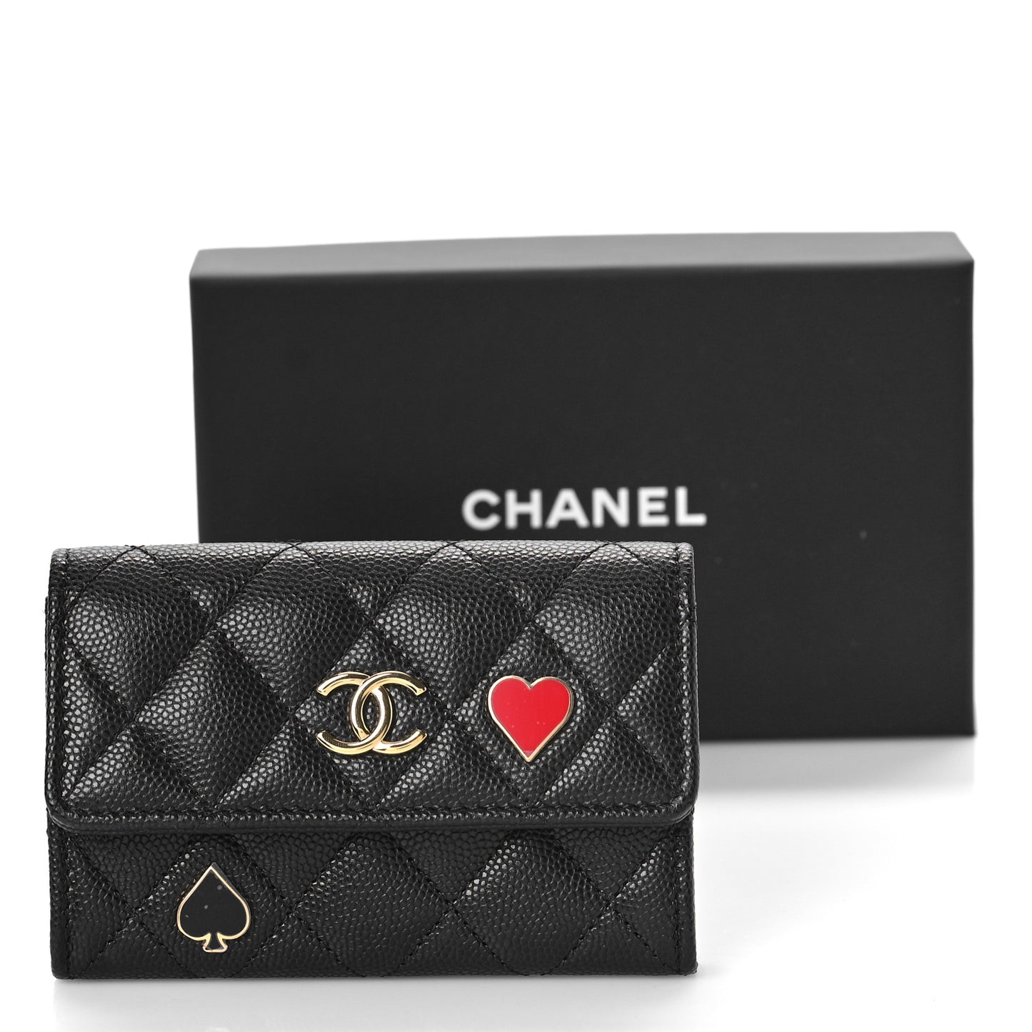 Caviar Quilted Enamel Coco Casino Flap Card Holder Wallet Black