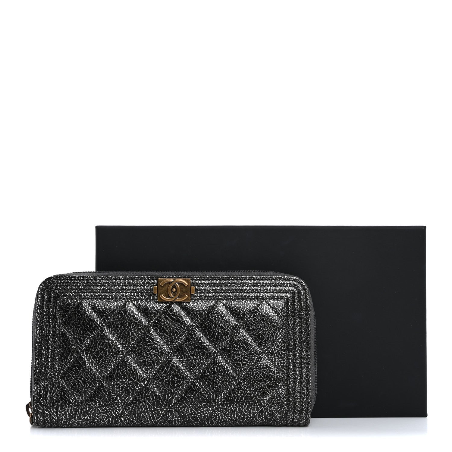 Chanel Cracked Metallic Calfskin Quilted Boy Long Zip Around Wallet Dark Silver 9 of 9