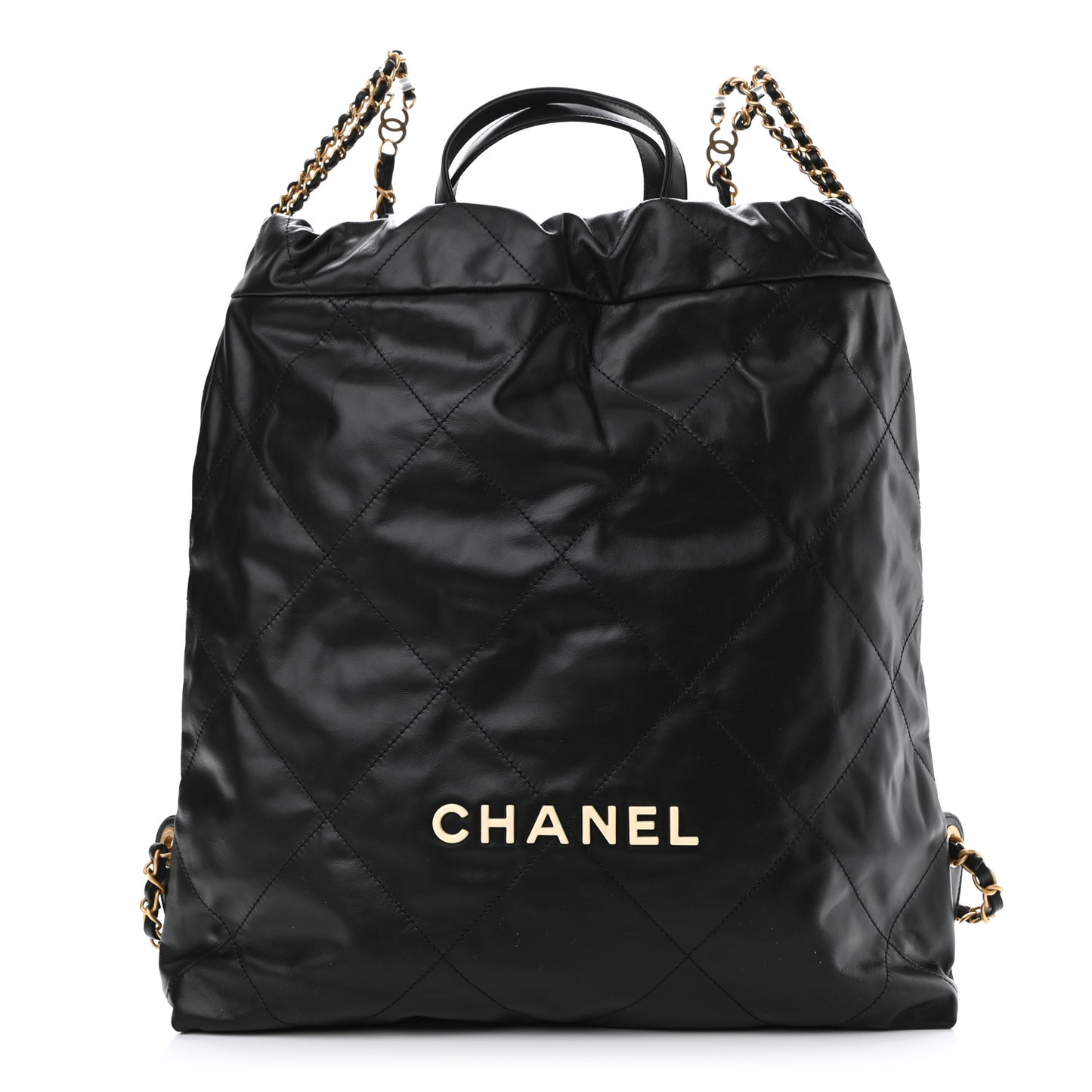 Shiny Calfskin Quilted Chanel 22 Backpack Black