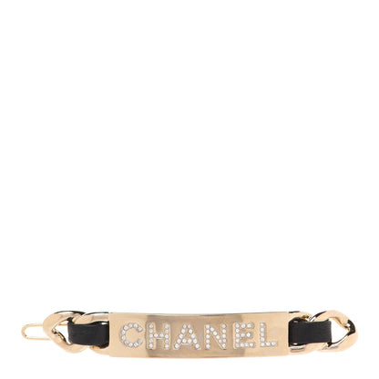 Chanel Metal Lambskin Strass Sergeant Hair Clip Barrette Black Gold 1 of 4