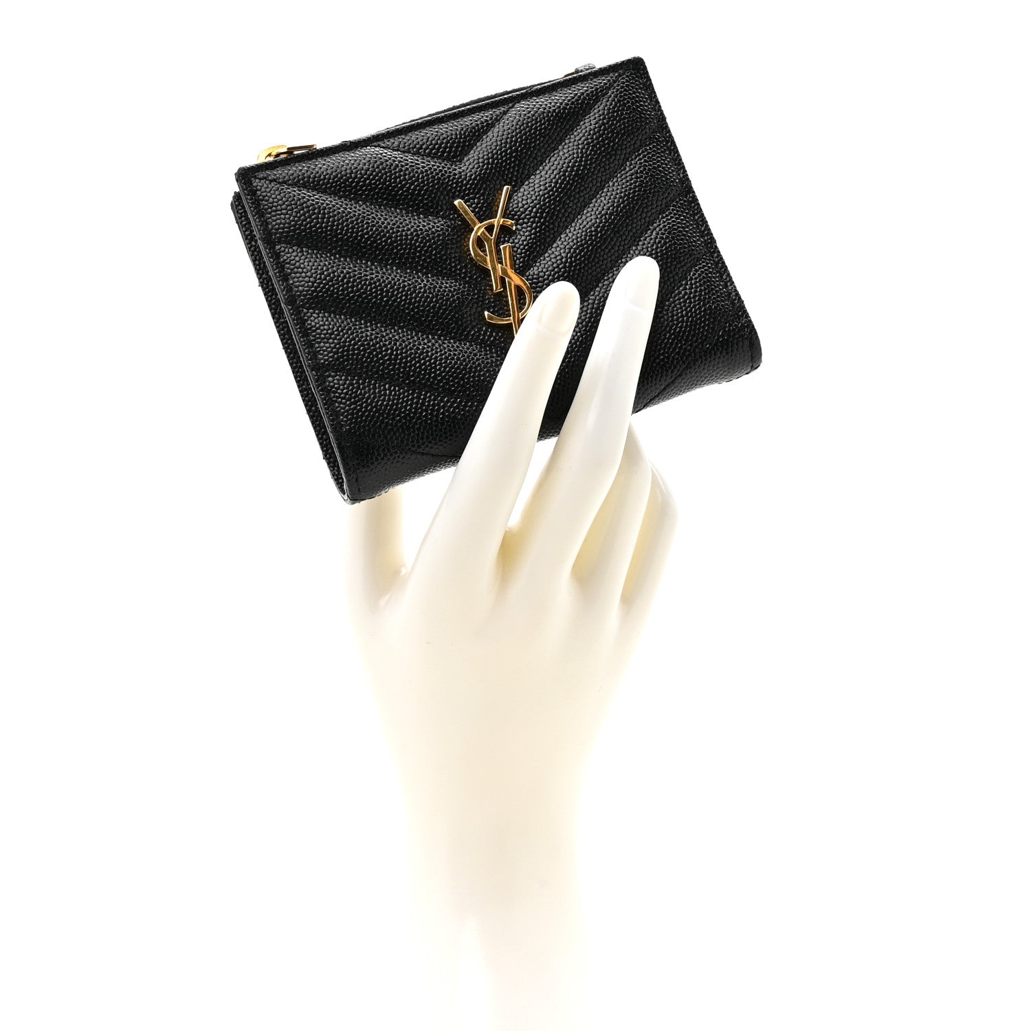 Saint Laurent Grain De Poudre Matelasse Chevron Monogram Zipped Card Case Black 2 of 9