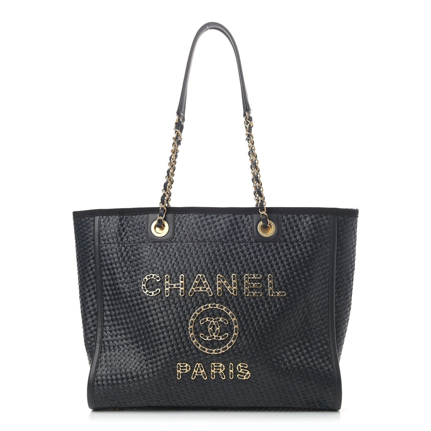 Straw Raffia Calfskin Chain Small Deauville Tote Black