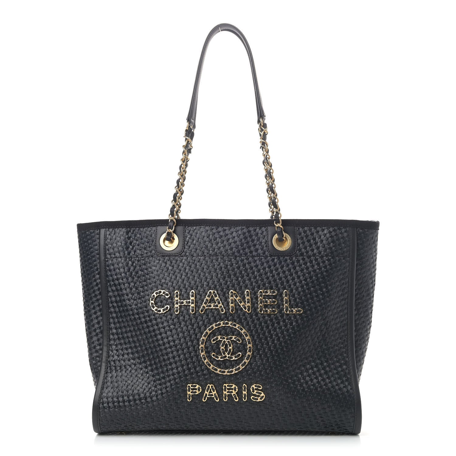 Chanel Straw Raffia Calfskin Chain Small Deauville Tote Black 1 of 8