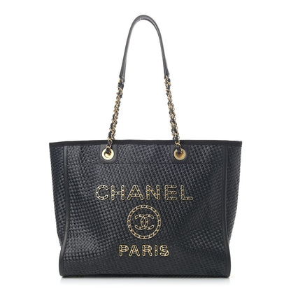 Chanel Straw Raffia Calfskin Chain Small Deauville Tote Black 1 of 8