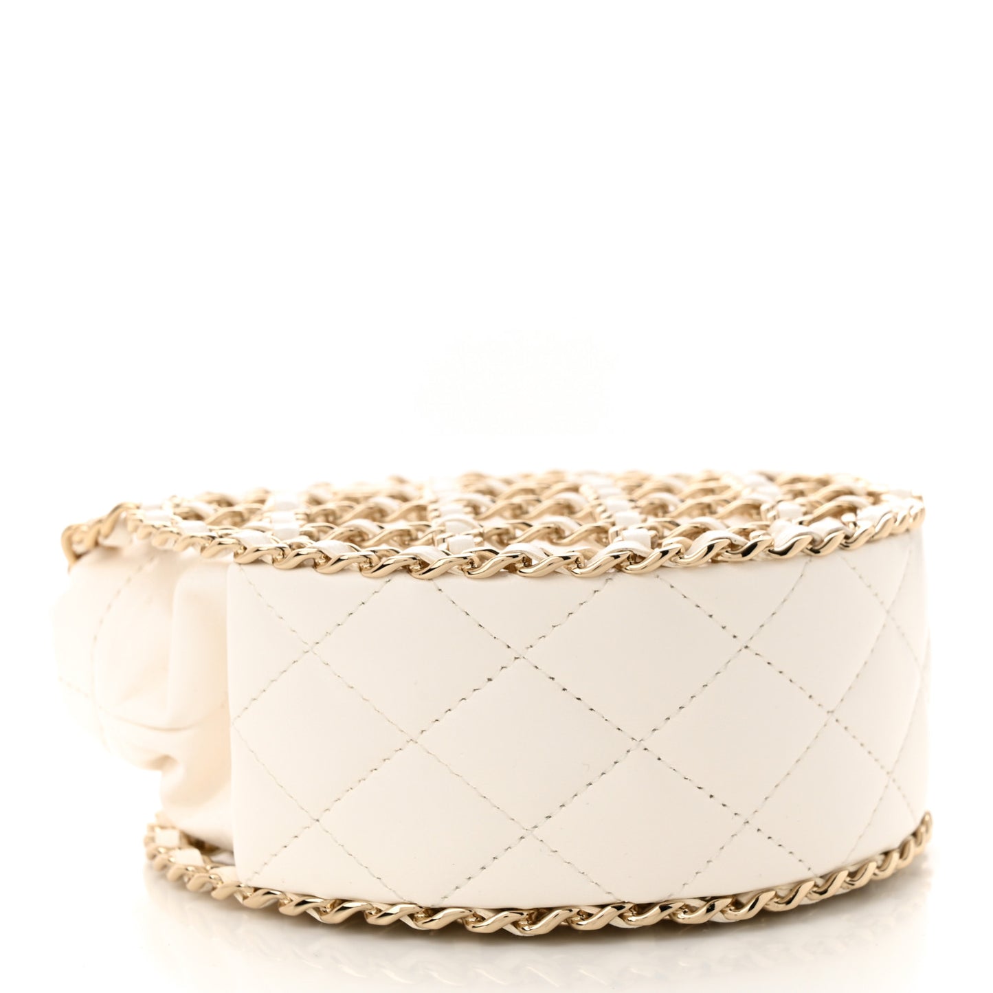 Lambskin Quilted Round Caged Chain Around Crossbody White