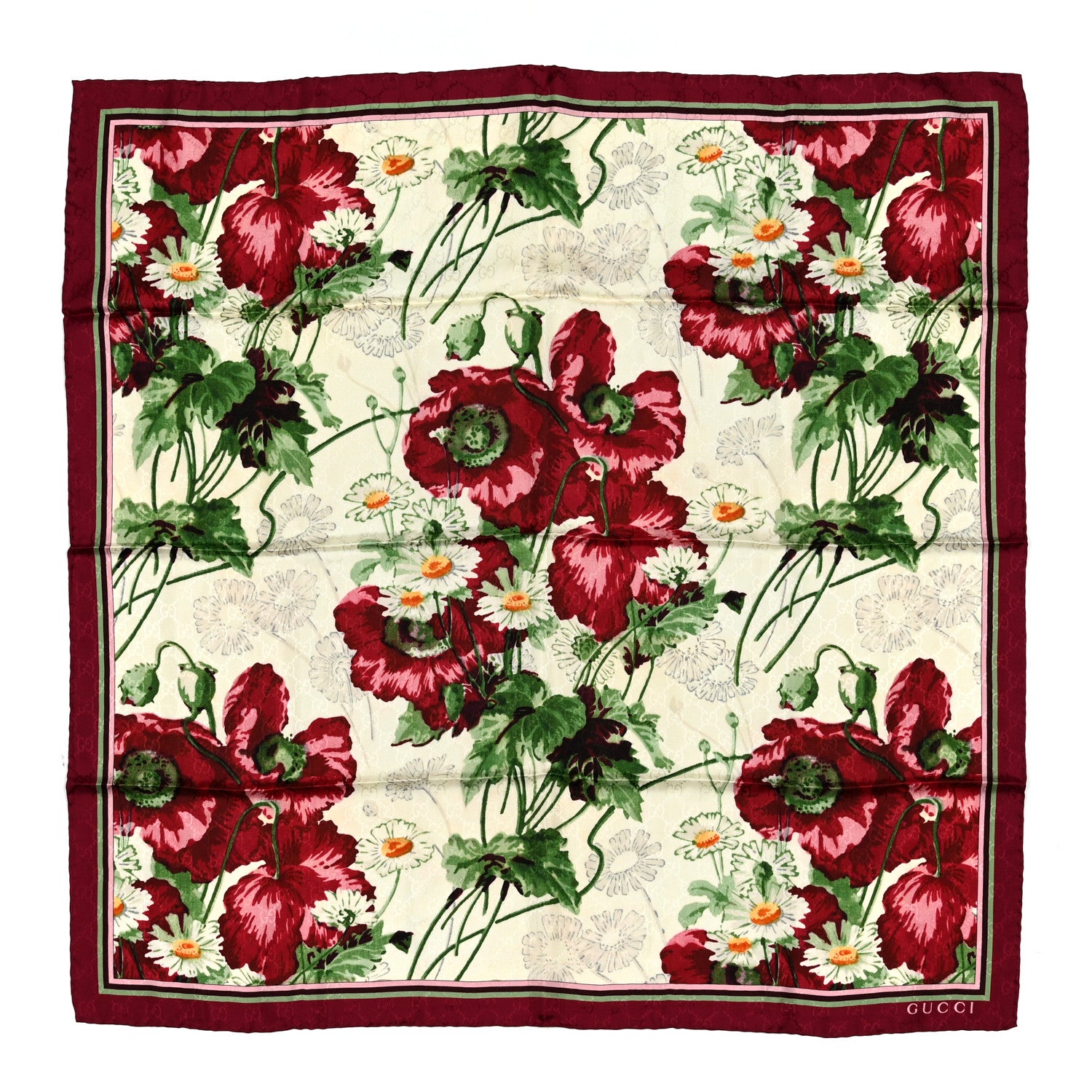 Gucci Silk Jacquard GG Monogram Deep Love Square Scarf Ivory Red 1 of 3