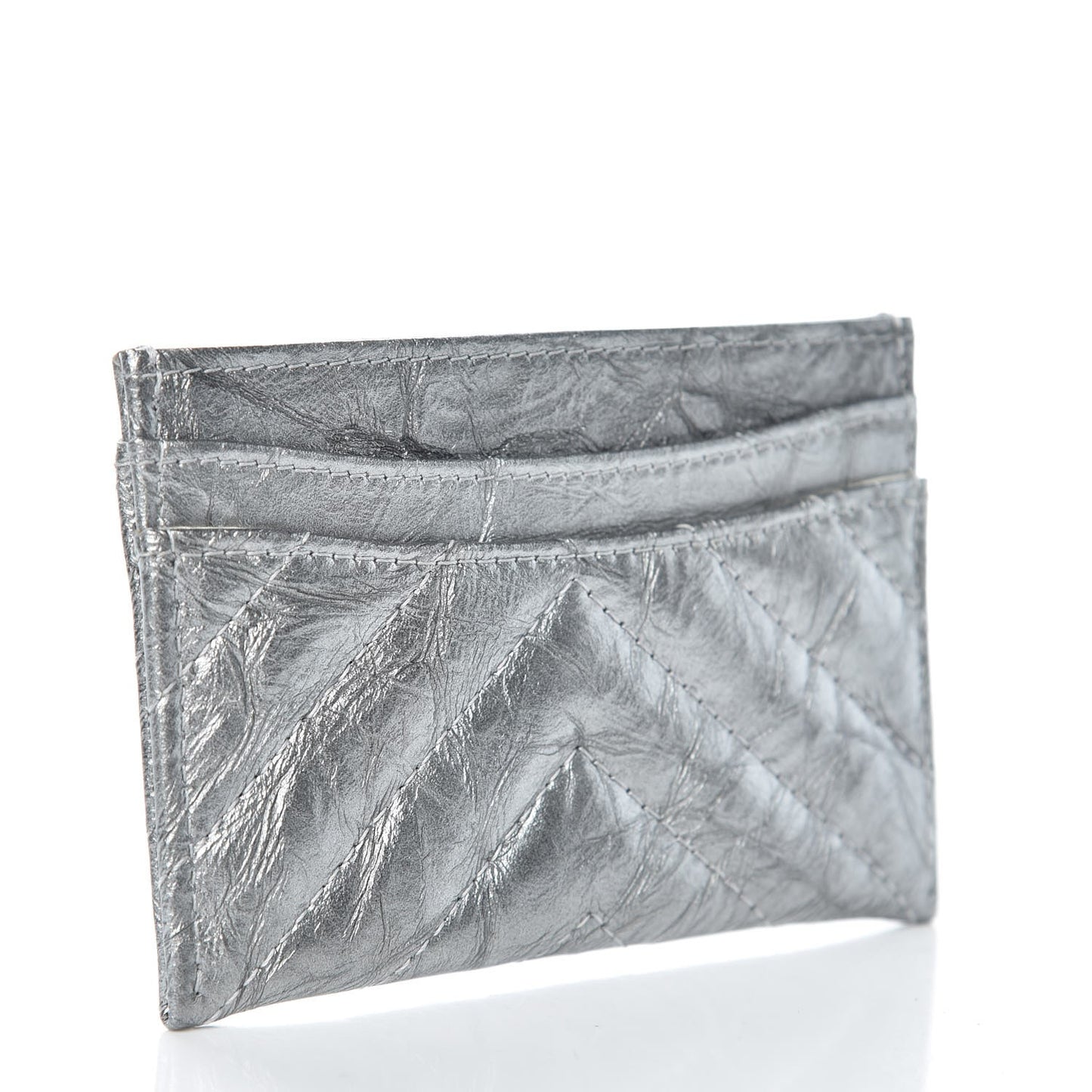 Patent Metallic Crumpled Calfskin Chevron Quilted Card Holder Silver