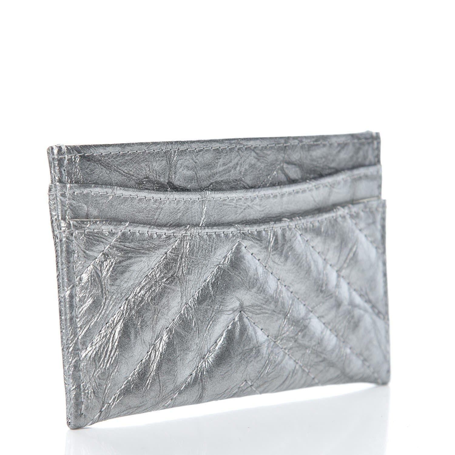 Chanel Patent Metallic Crumpled Calfskin Chevron Quilted Card Holder Silver 3 of 9