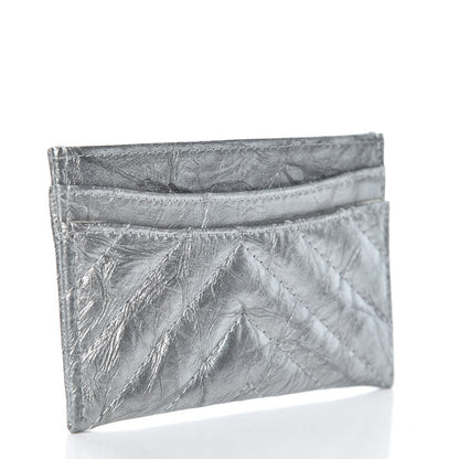Chanel Patent Metallic Crumpled Calfskin Chevron Quilted Card Holder Silver 3 of 9