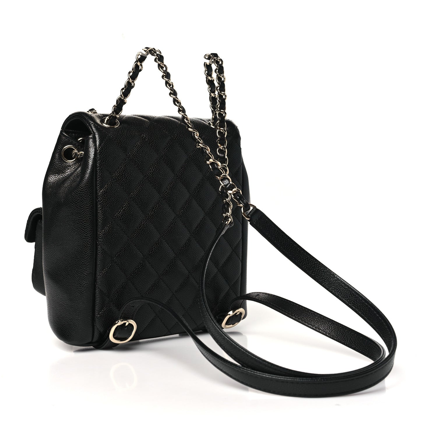 Shiny Caviar Quilted Medium Duma Pockets Drawstring Backpack Black