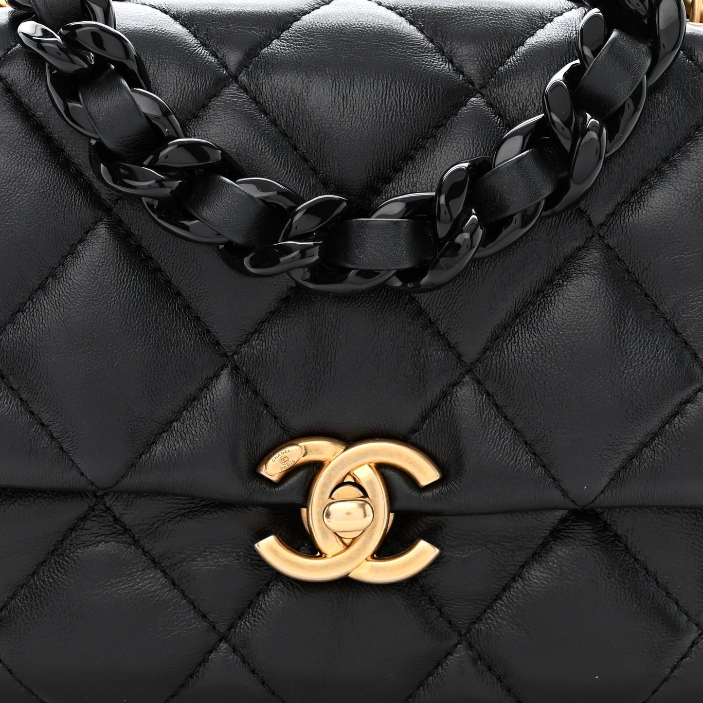 Lambskin Quilted Mini Lacquered Chain Flap Black