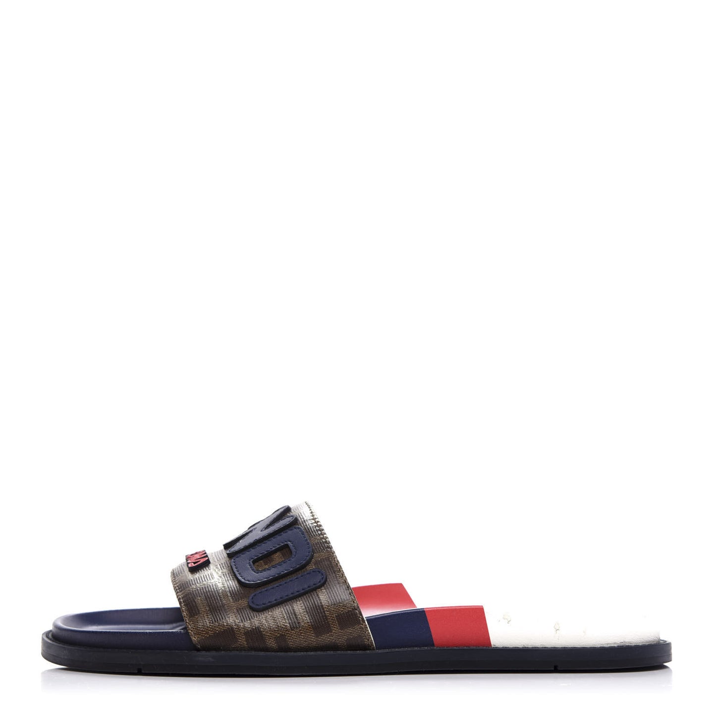 X FILA Glazed Fabric Calfskin FF 1974 Mania Mens Slide Sandals 7 Mogano Panna Blueberry Caipiroska