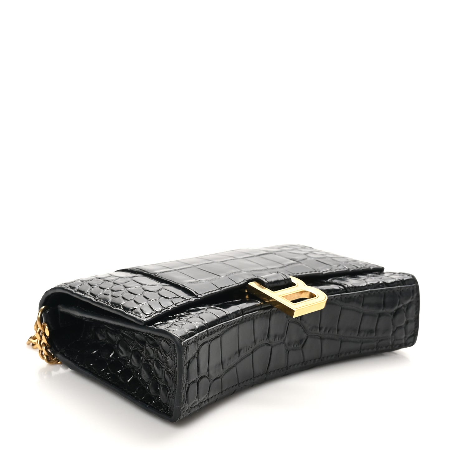 Shiny Calfskin Crocodile Embossed Hourglass Chain Bag Black