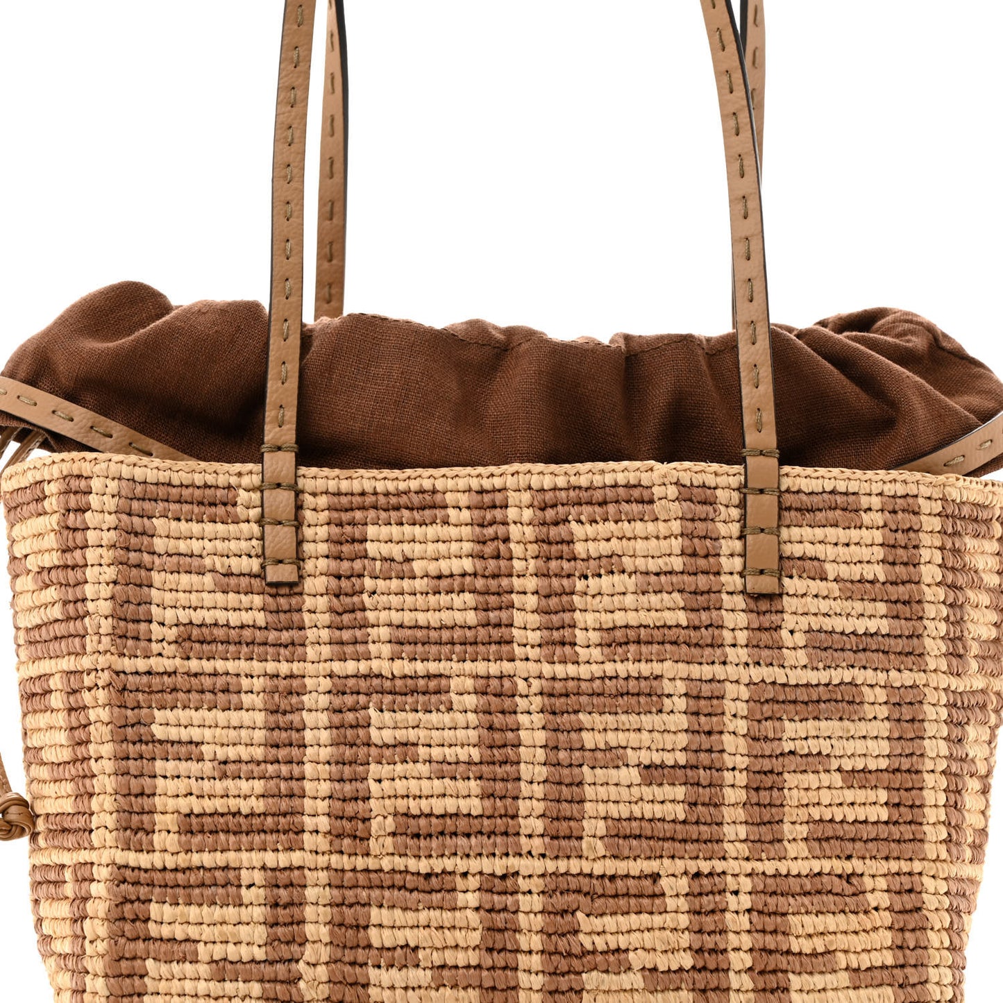 Raffia Cuoio Romano FF Crochet Small Roll Shopper Natural Dark Honey