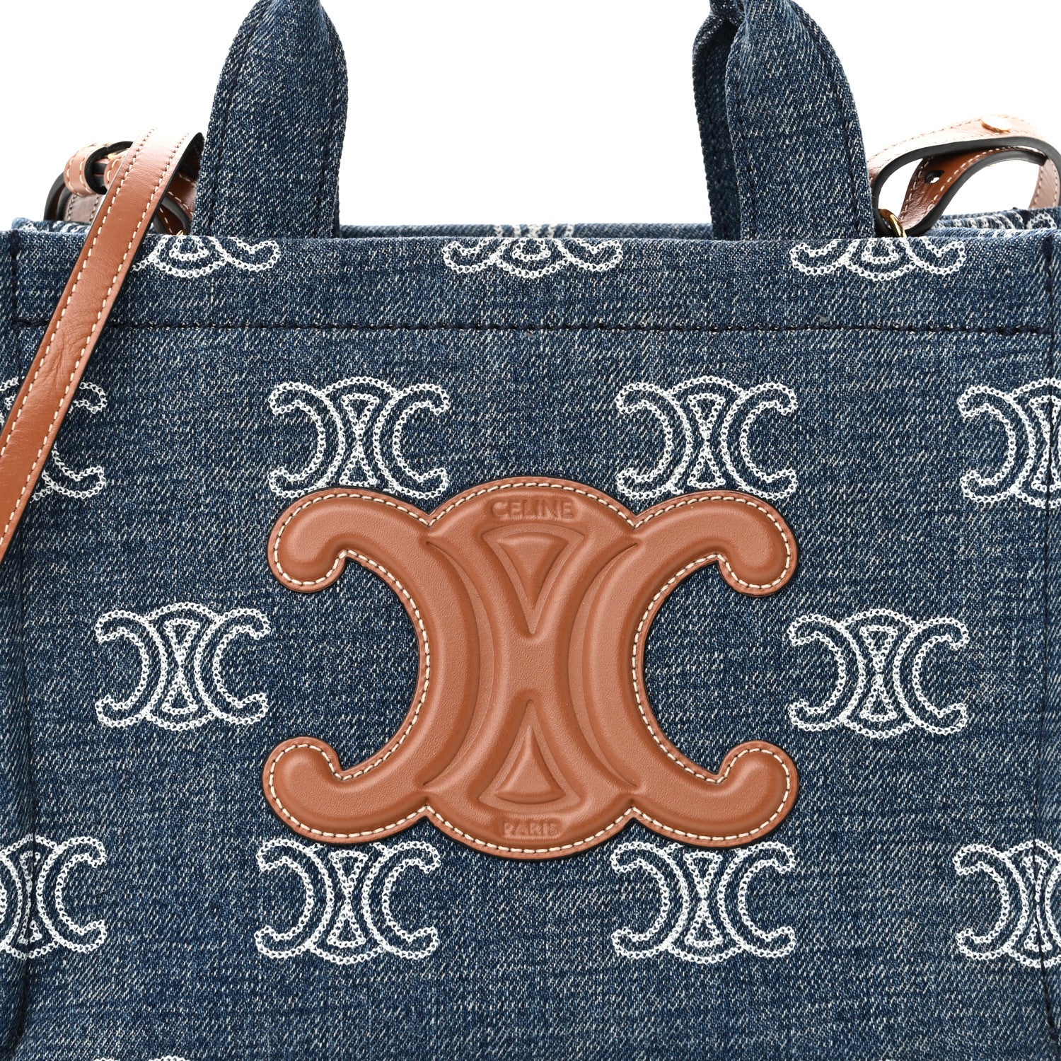 Celine Denim Calfskin Triomphe Print Cabas Blue Tan 7 of 9