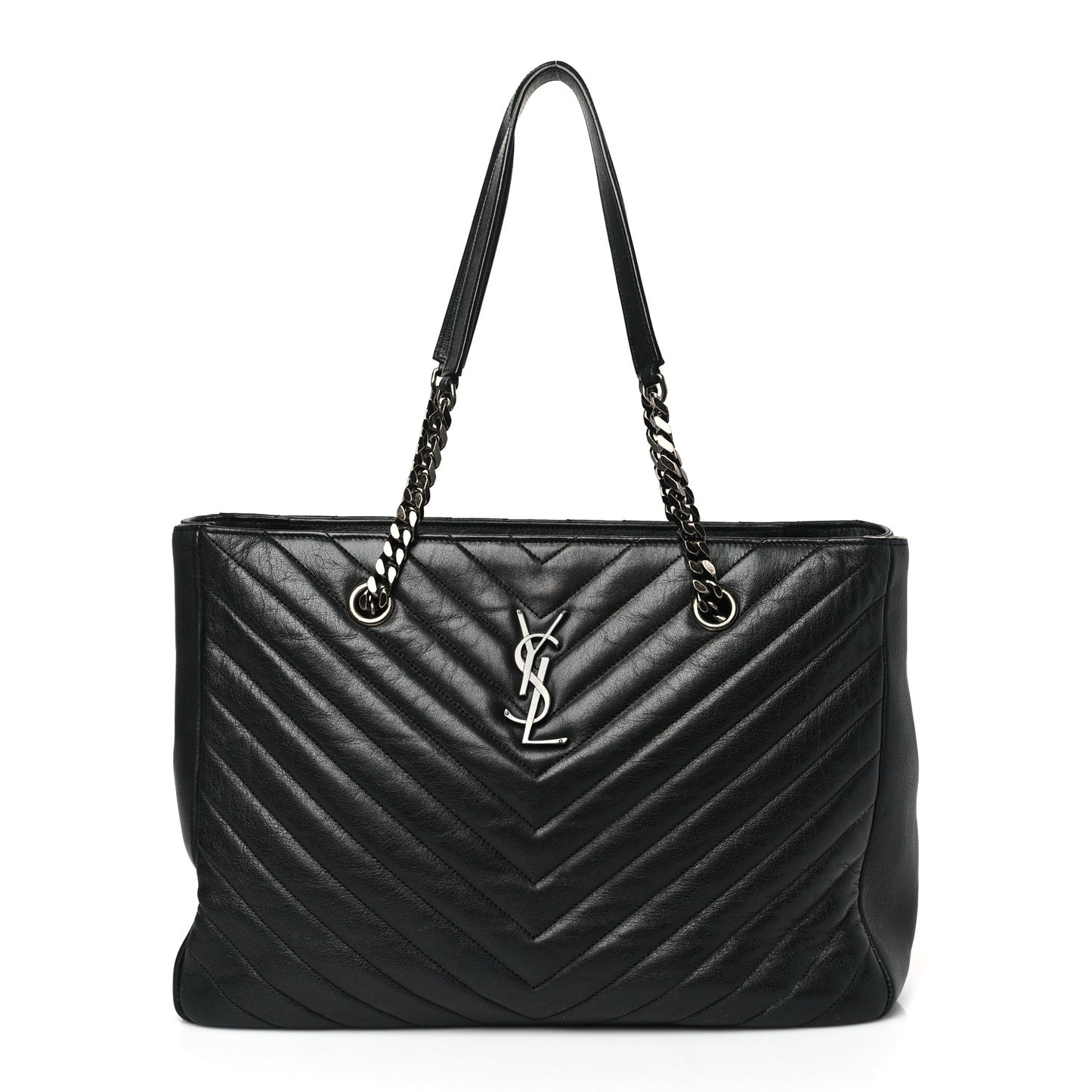 Sheepskin Matelasse Chevron Large Monogram Shopping Bag Black