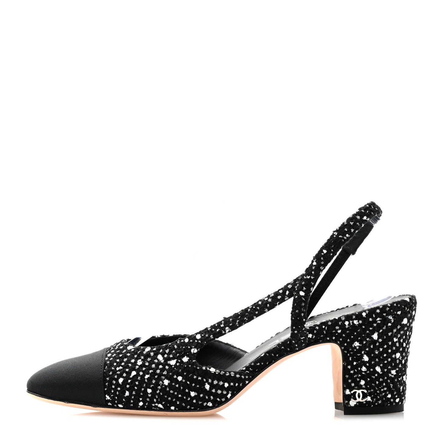 Tweed Grosgrain Cap Toe CC Slingback Pumps 39 Black Silver White