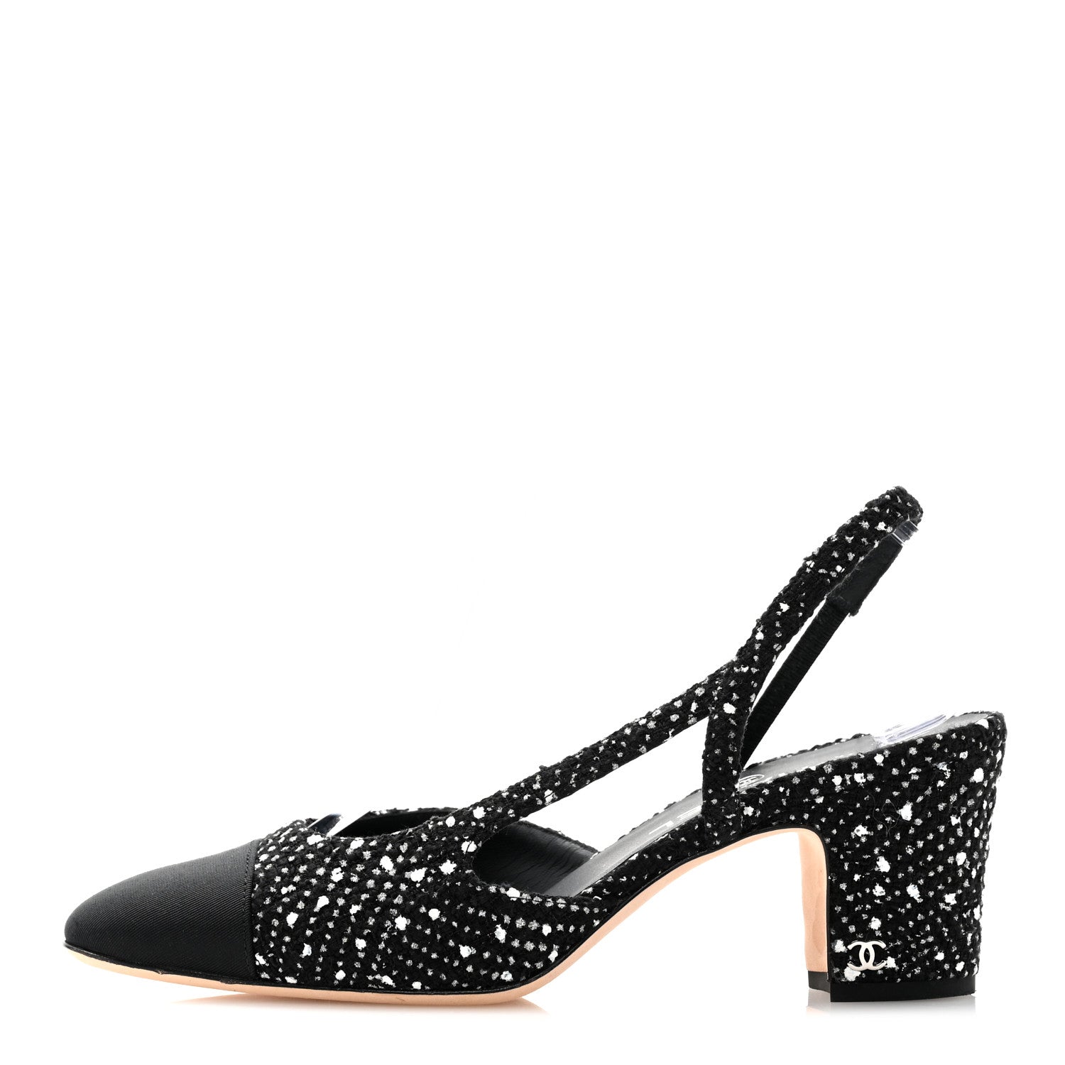 Chanel Tweed Grosgrain Cap Toe CC Slingback Pumps 39 Black Silver White 1 of 9