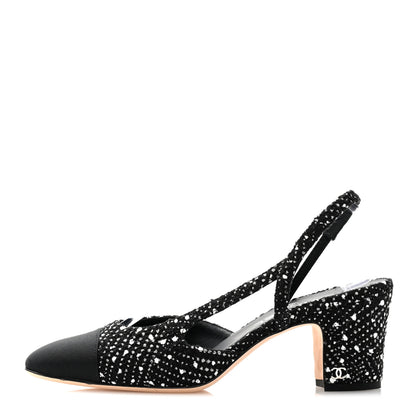 Chanel Tweed Grosgrain Cap Toe CC Slingback Pumps 39 Black Silver White 1 of 9