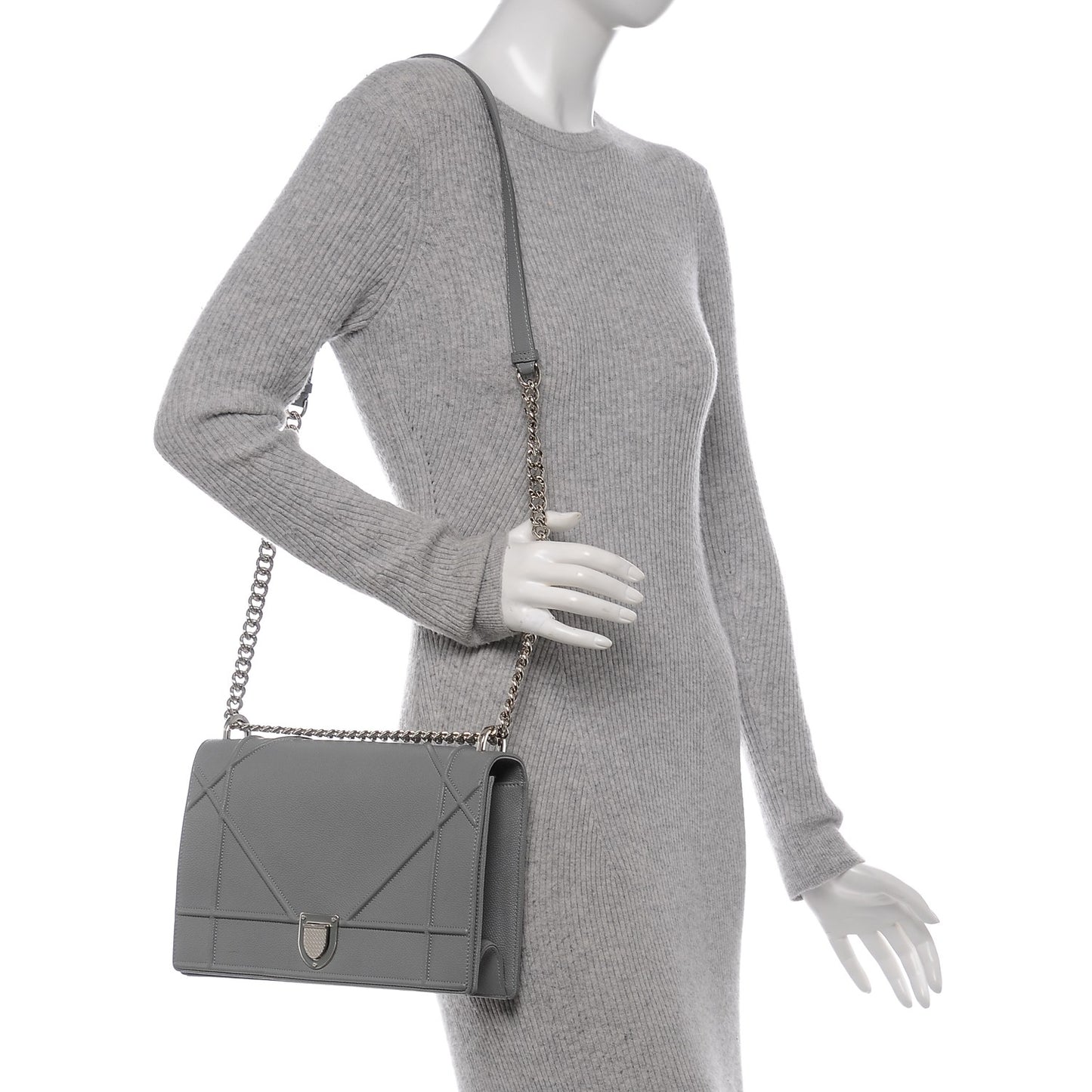Grained Calfskin Large Diorama Flap Bag Grey