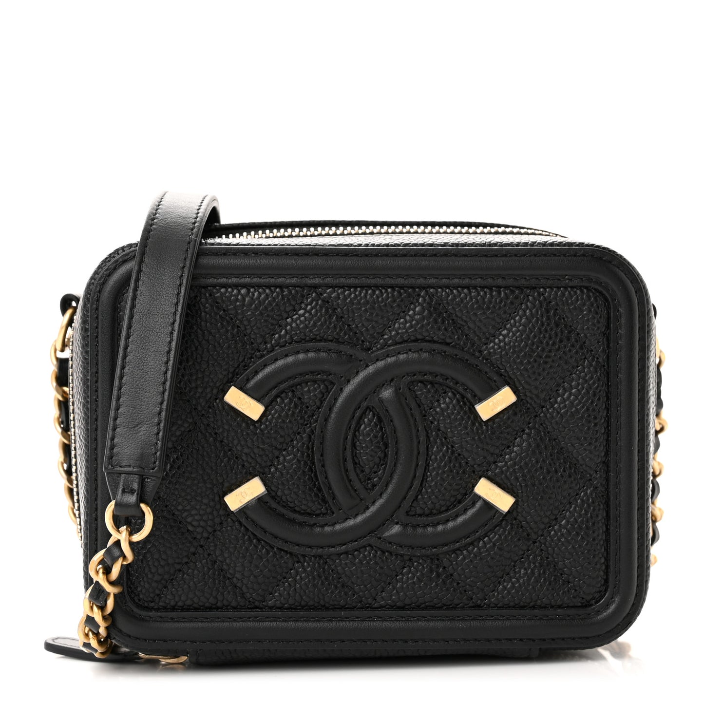 Caviar Quilted CC Filigree Vanity Clutch With Chain Black