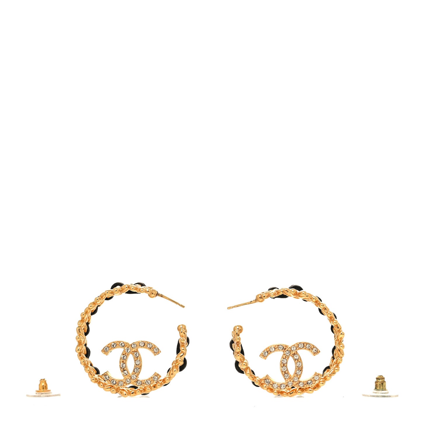 Lambskin Chain Crystal CC Flower Hoop Earrings Gold Black