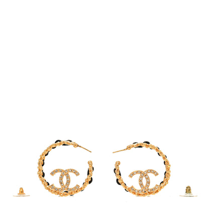 Chanel Lambskin Chain Crystal CC Flower Hoop Earrings Gold Black 3 of 5