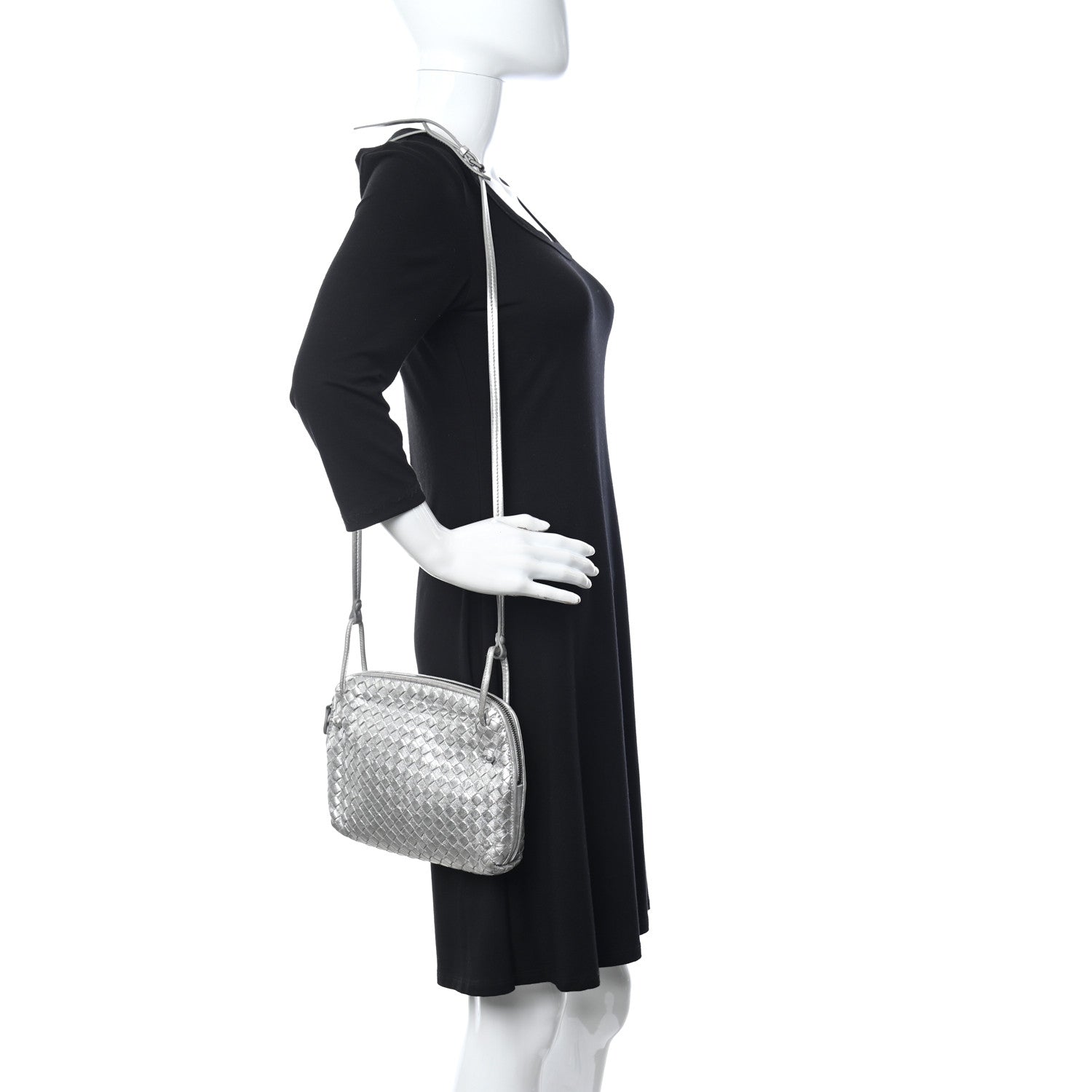 Bottega Veneta Metallic Nappa Intrecciato Nodini Crossbody Messenger Silver 2 of 11