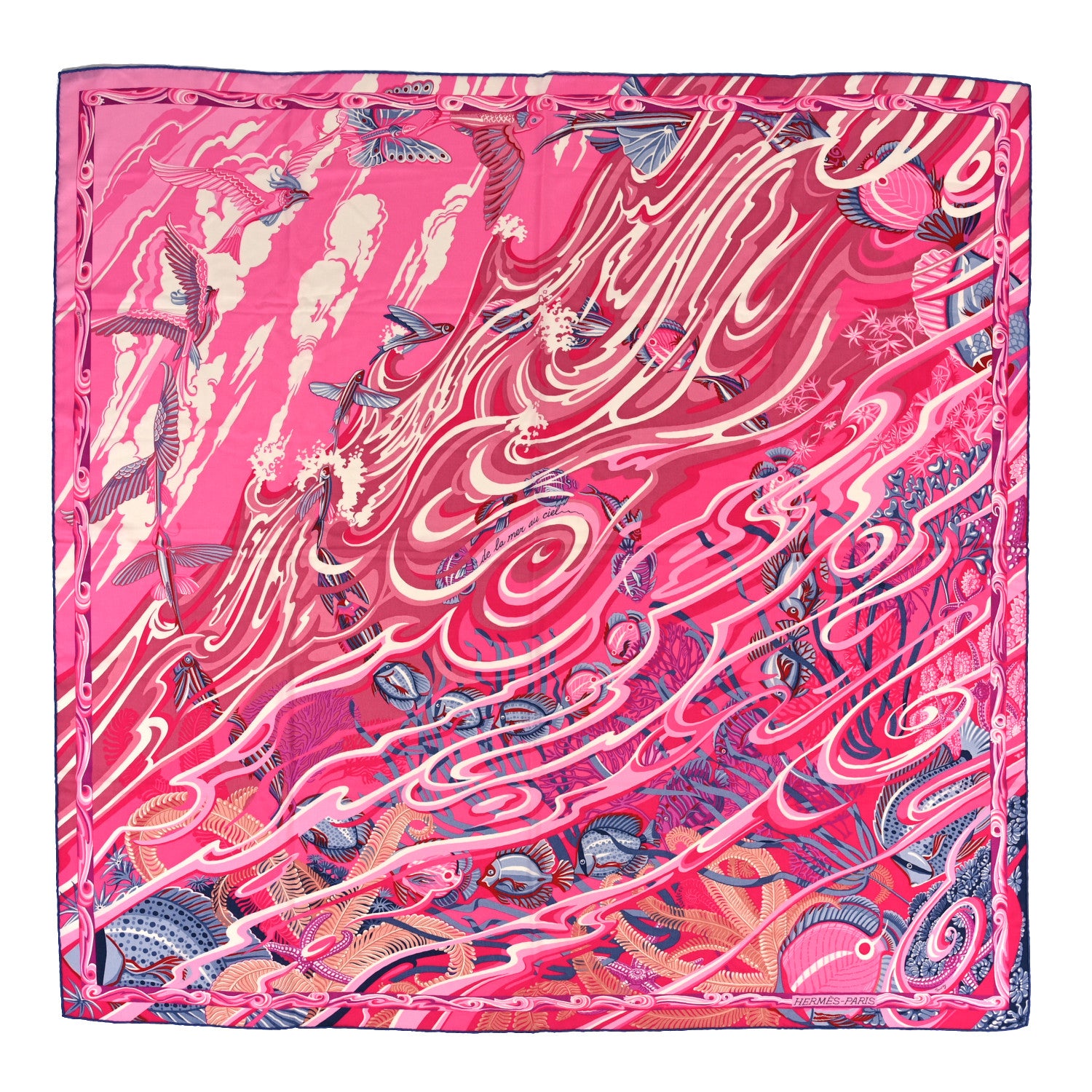 Hermes Cashmere Silk De La Mer Au Ciel Shawl 140 Rose Vif Fuchsia Gris Bleuete 1 of 3