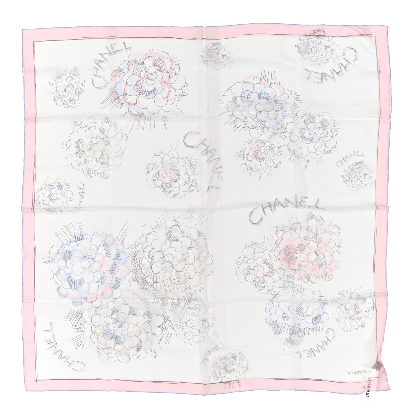 Silk Camellia Sketch Scarf White Light Pink