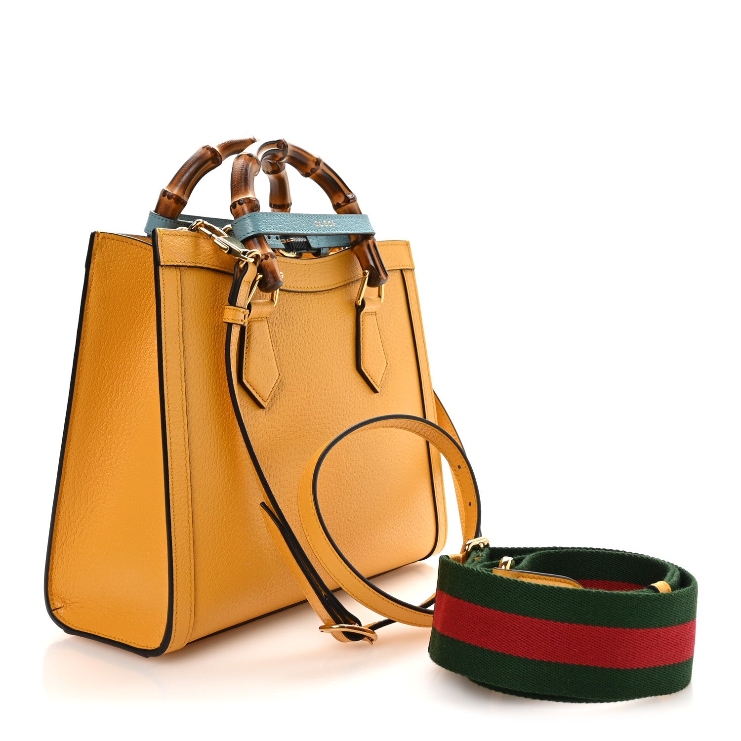 Gucci Textured Dollar Calfskin Web Small Diana Tote Bag Yellow Dusty Azure 4 of 19