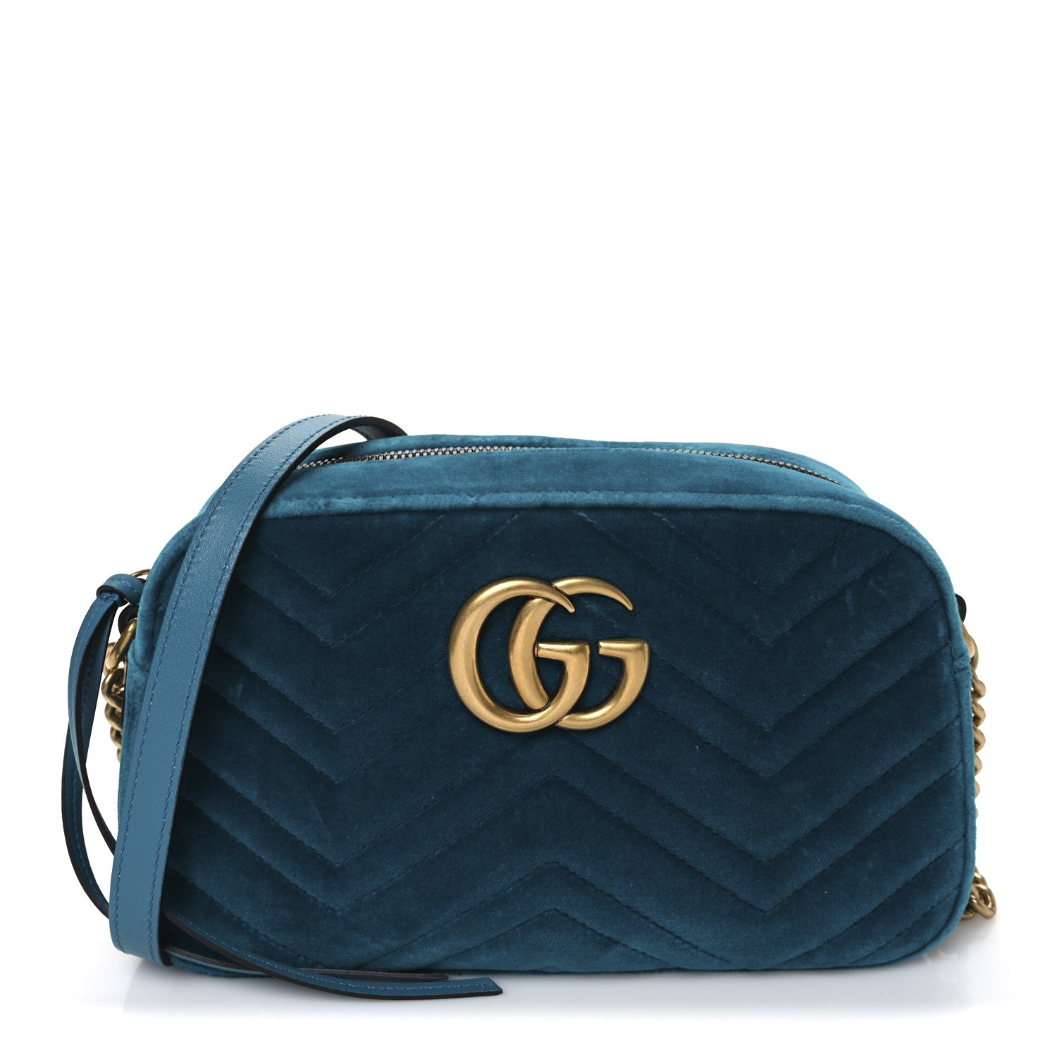 Gucci Velvet Matelasse Small GG Marmont Chain Shoulder Bag Pavone Cyan 1 of 10